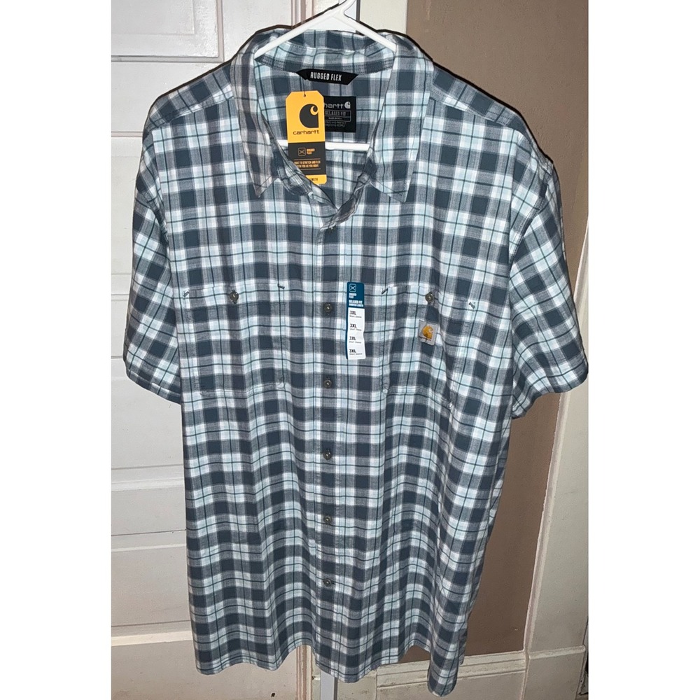 Carhartt Bozeman Rugged Flex Plaid Shirt Mens 3XL Blue White SS Relaxed